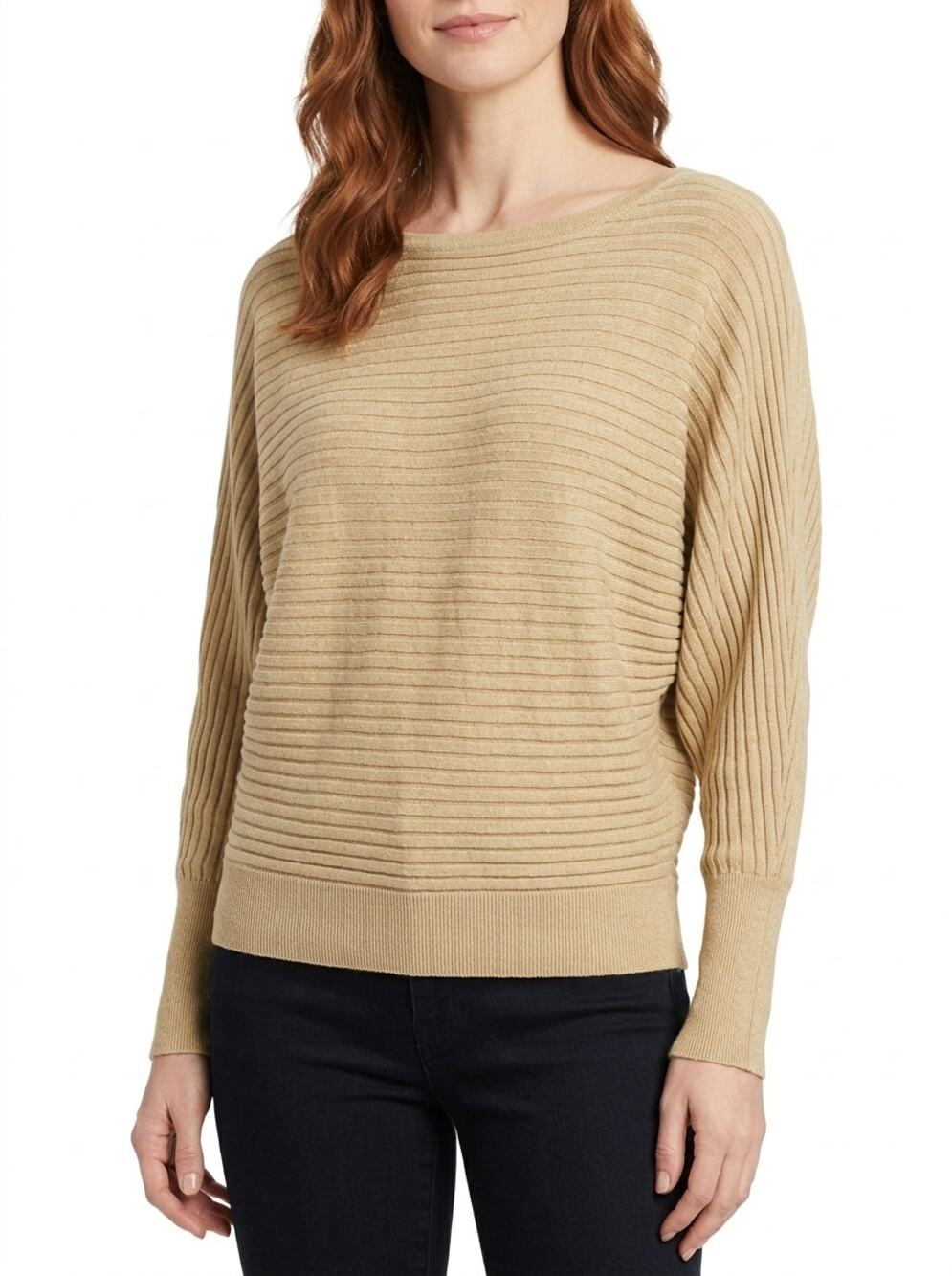 T Tahari Beige Ribbed Knit Batwing Sleeve Pullover Sweater Women Size S